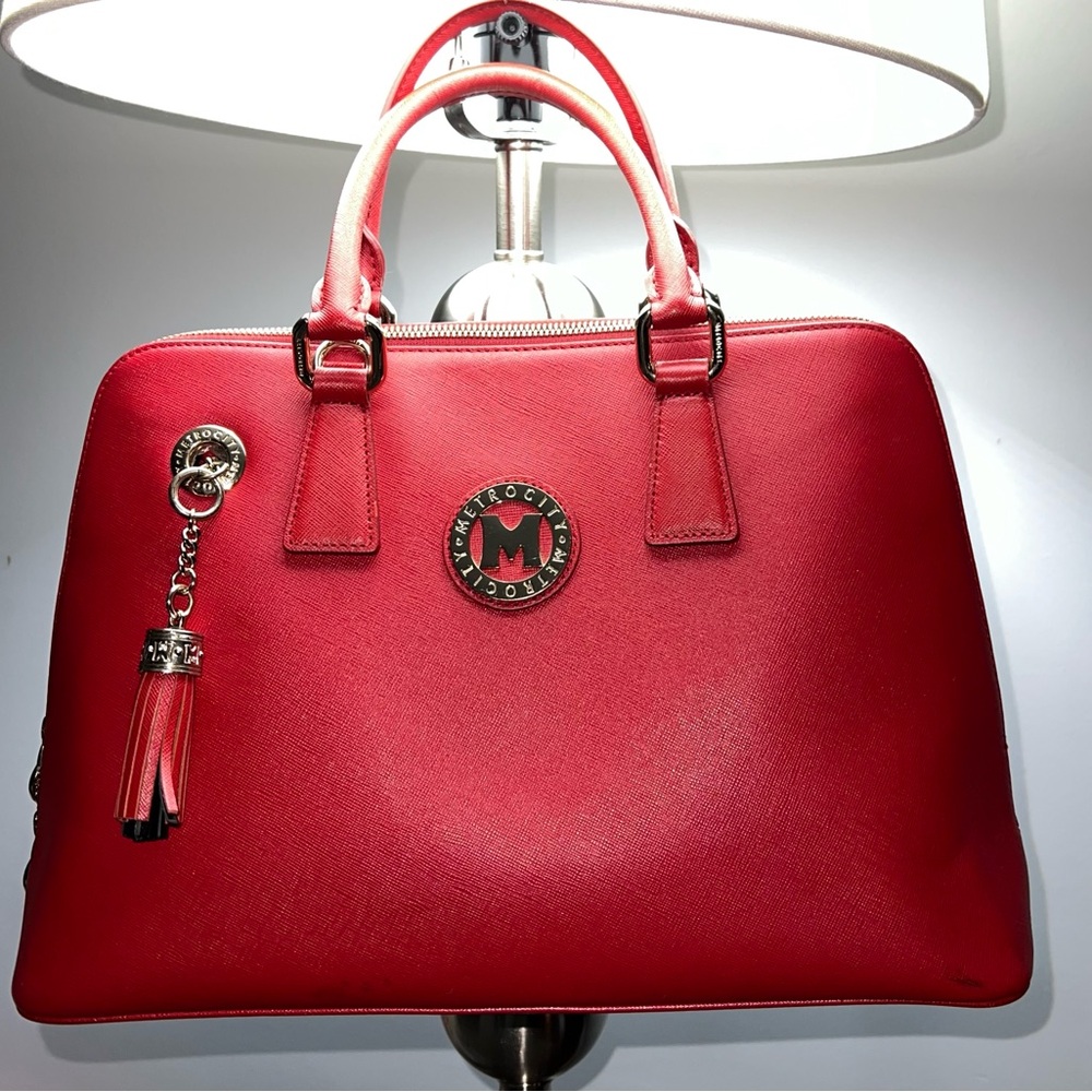 Metro City Crossbody Handbag Red Leather Satchel Purse Tote Bowler Bag Gift